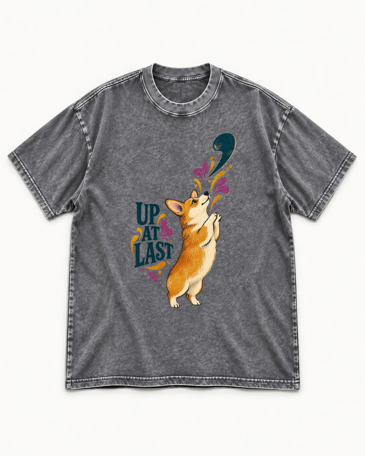 Corgi Up at Last Washed Tee in Gray, flat lay product photo
