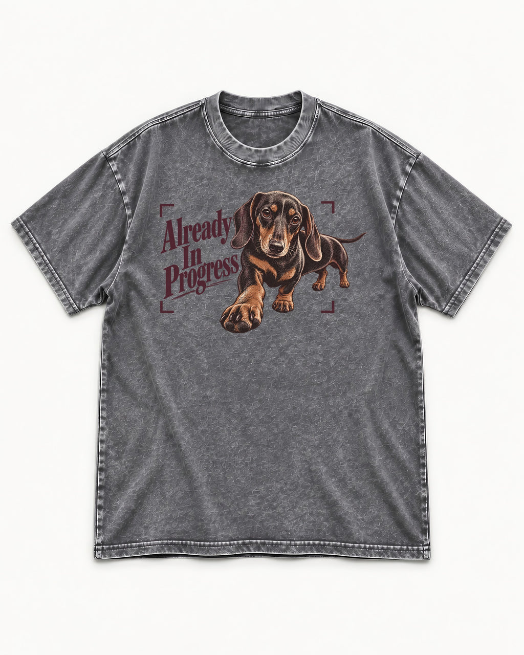 Dachshund Already in Progress Washed Tee in Gray, flat lay product photo
