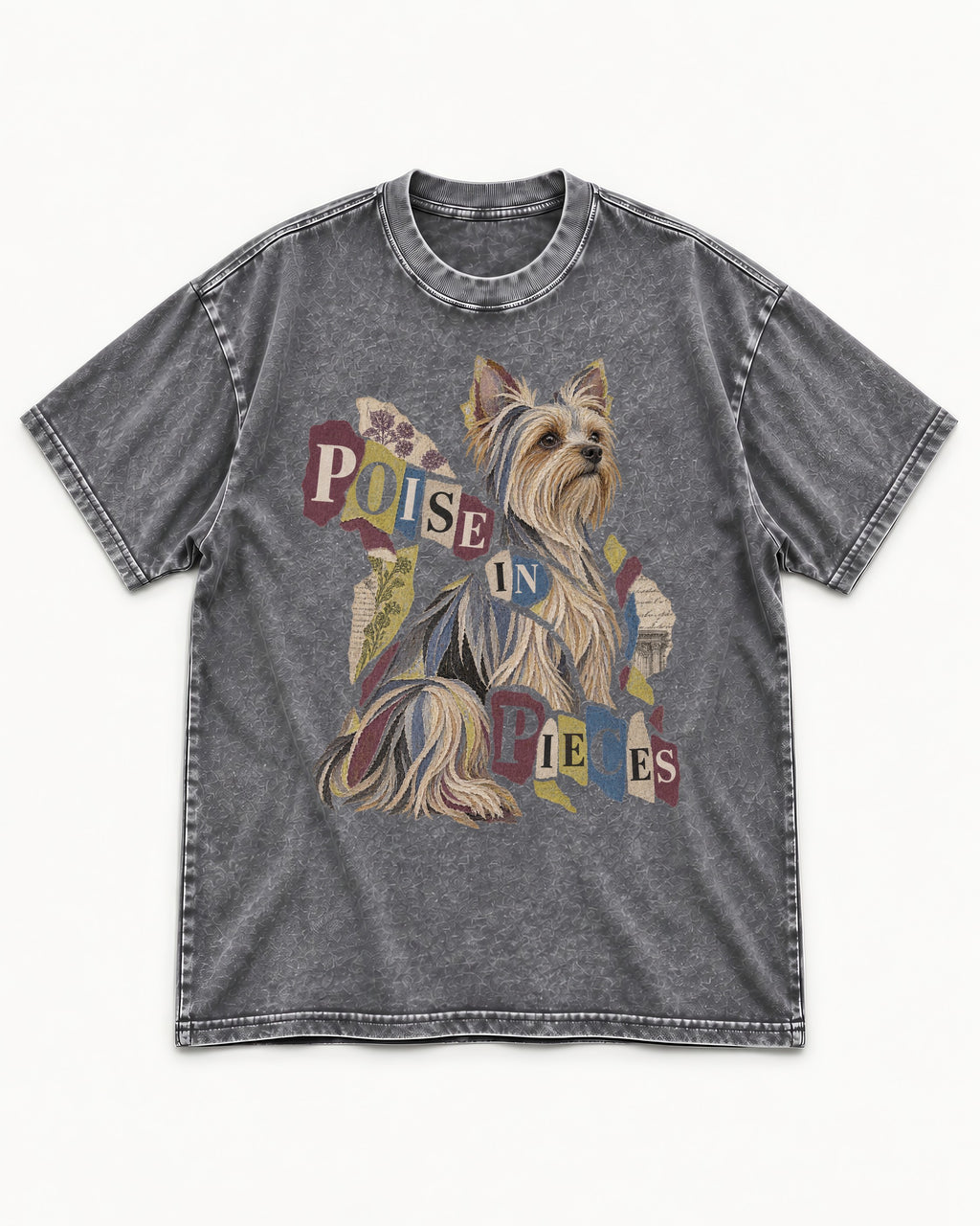 Yorkshire Terrier Poise in Pieces Torn Paper Collage Graphic Washed Tee in Gray, flat lay product photo