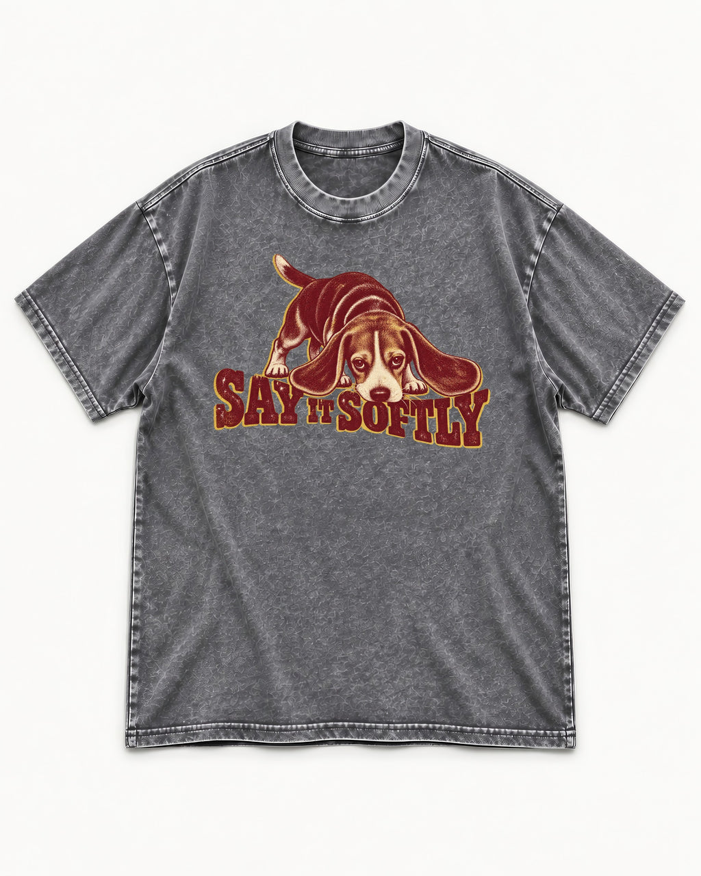 Beagle Say It Softly Washed Tee in Gray, flat lay product photo