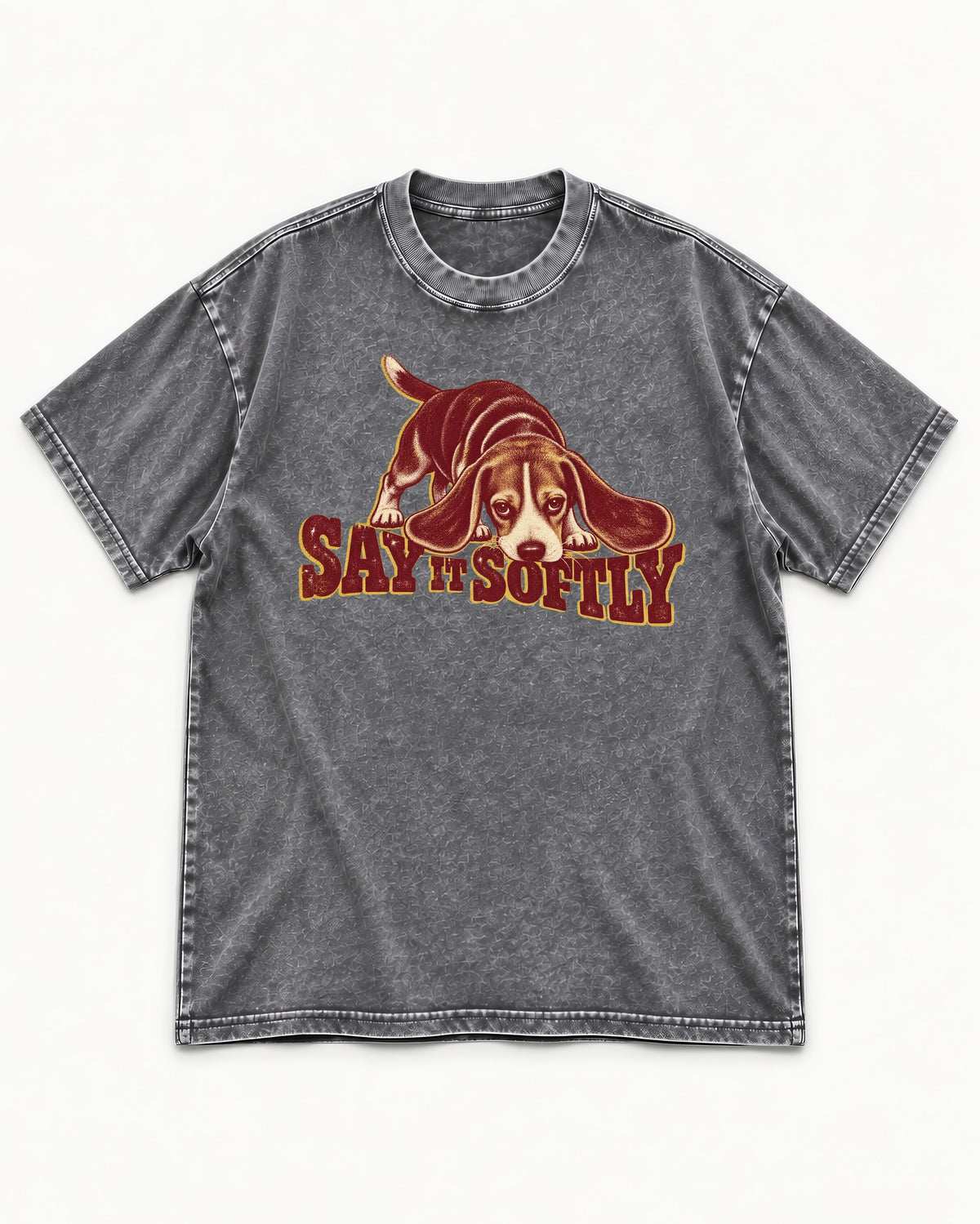 Beagle Say It Softly Washed Tee in Gray, flat lay product photo