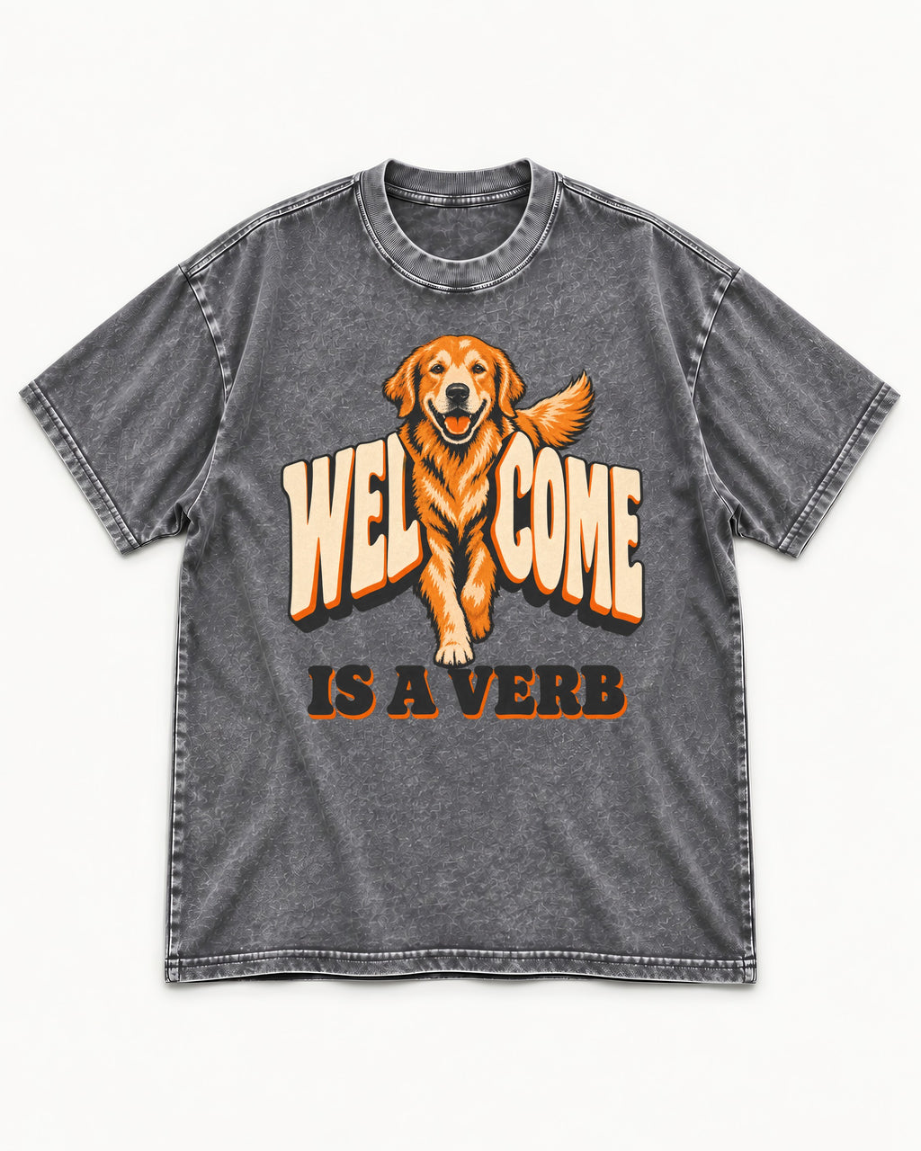 Golden Retriever Welcome Is a Verb Washed Tee in Gray, flat lay product photo