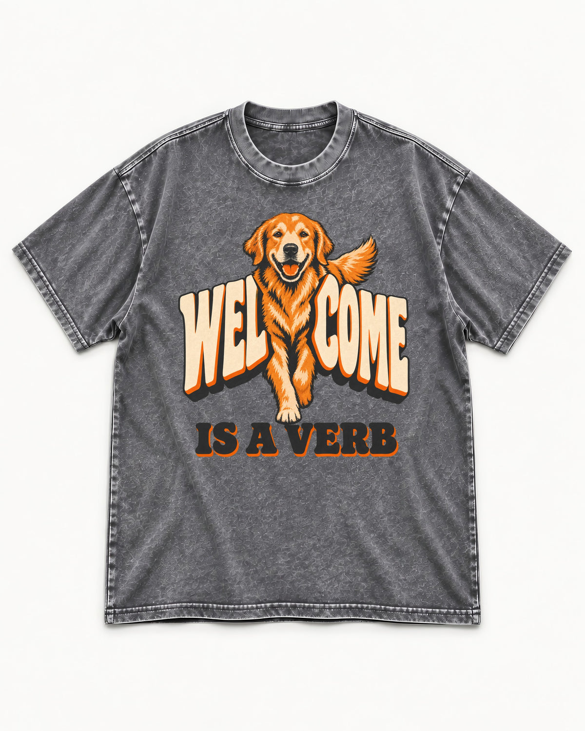 Golden Retriever Welcome Is a Verb Washed Tee in Gray, flat lay product photo