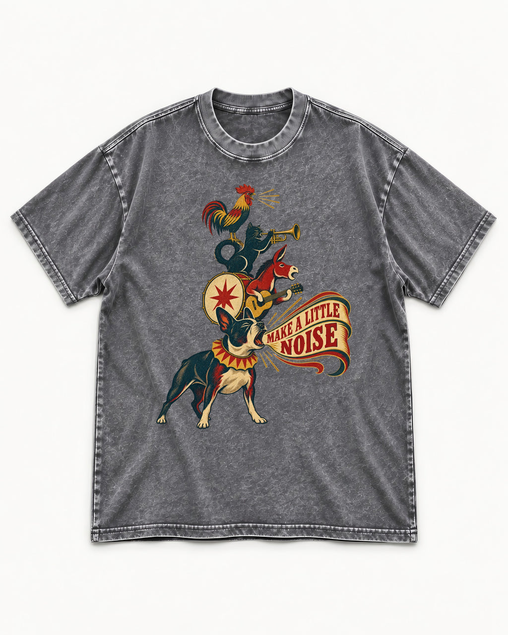 Boston Terrier Make A Little Noise Washed Tee in Gray, flat lay product photo