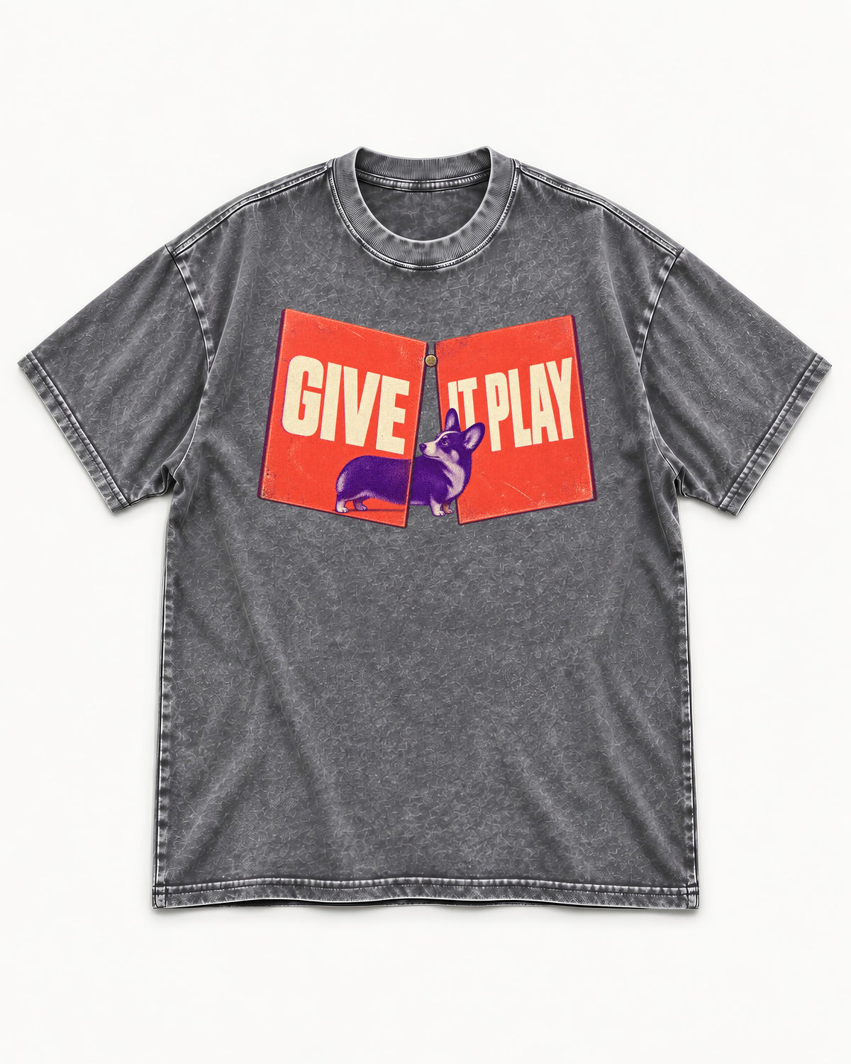 Corgi Give It Play Folding Panels Washed Tee in Gray, flat lay product photo