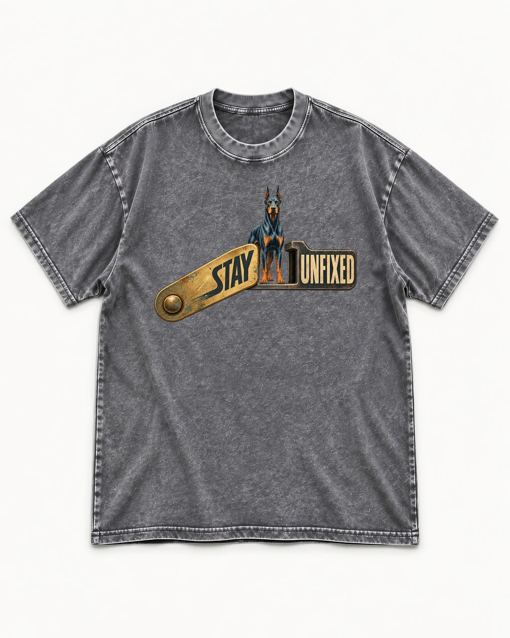 Doberman Stay Unfixed Washed Tee in Gray, flat lay product photo