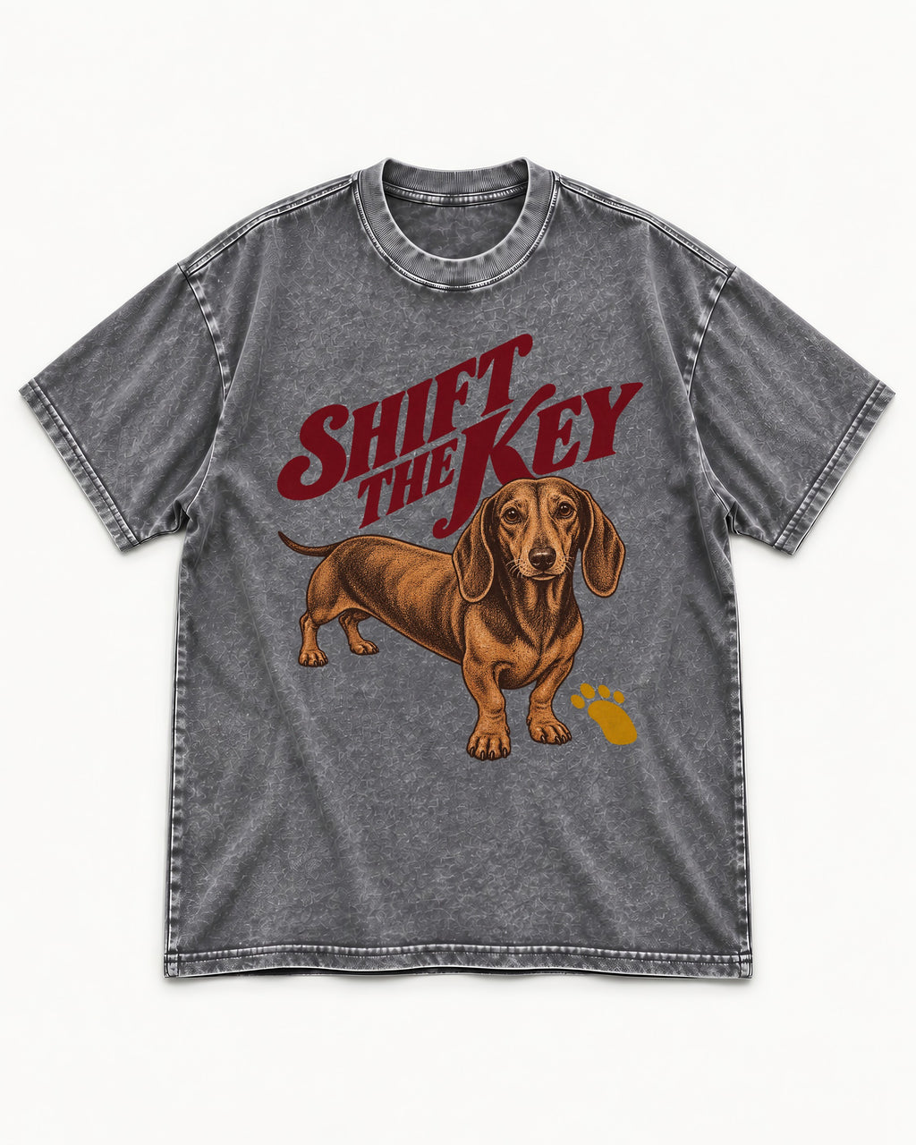 Dachshund Shift The Key Pawprint Graphic Washed Tee in Gray, flat lay product photo