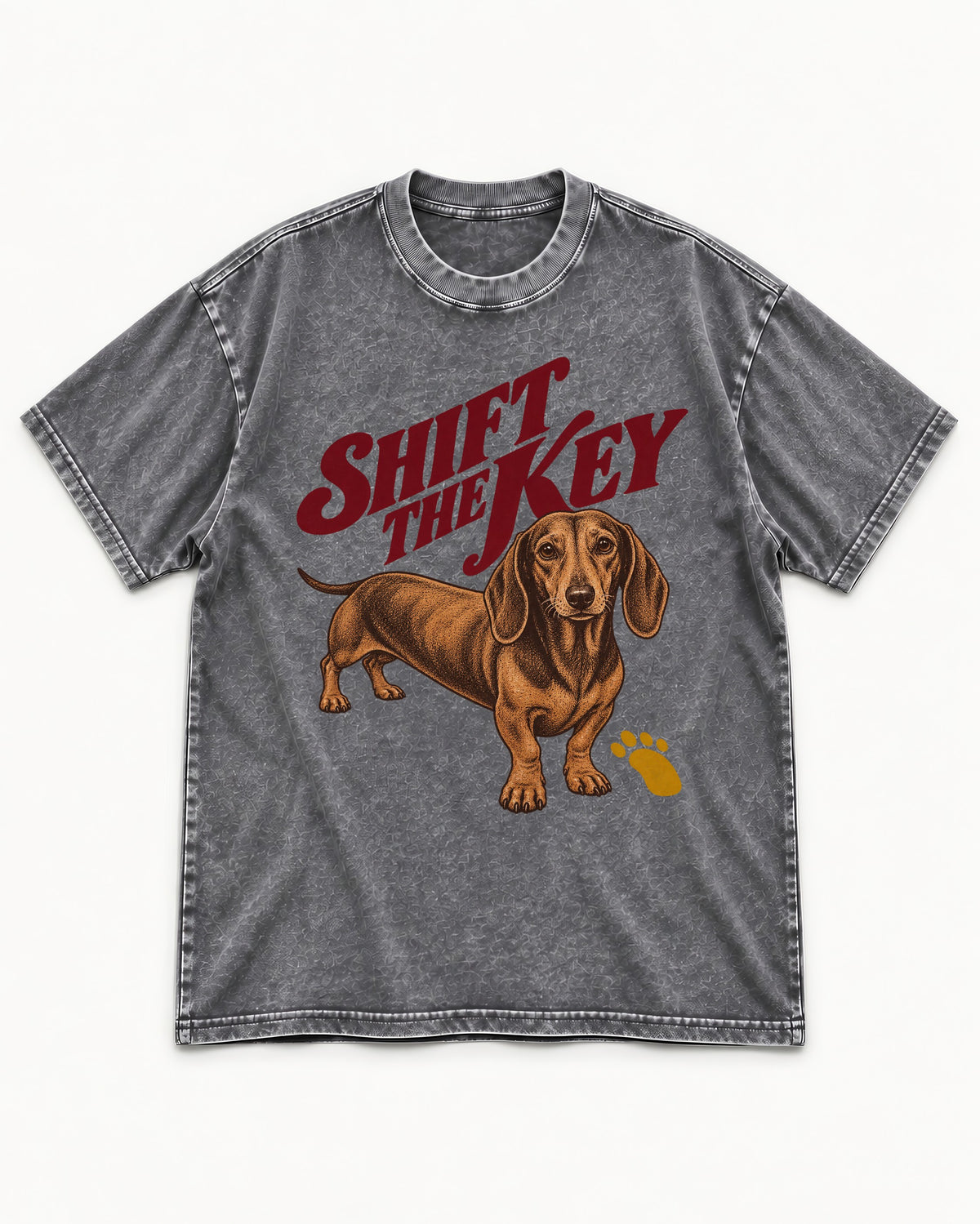 Dachshund Shift The Key Pawprint Graphic Washed Tee in Gray, flat lay product photo