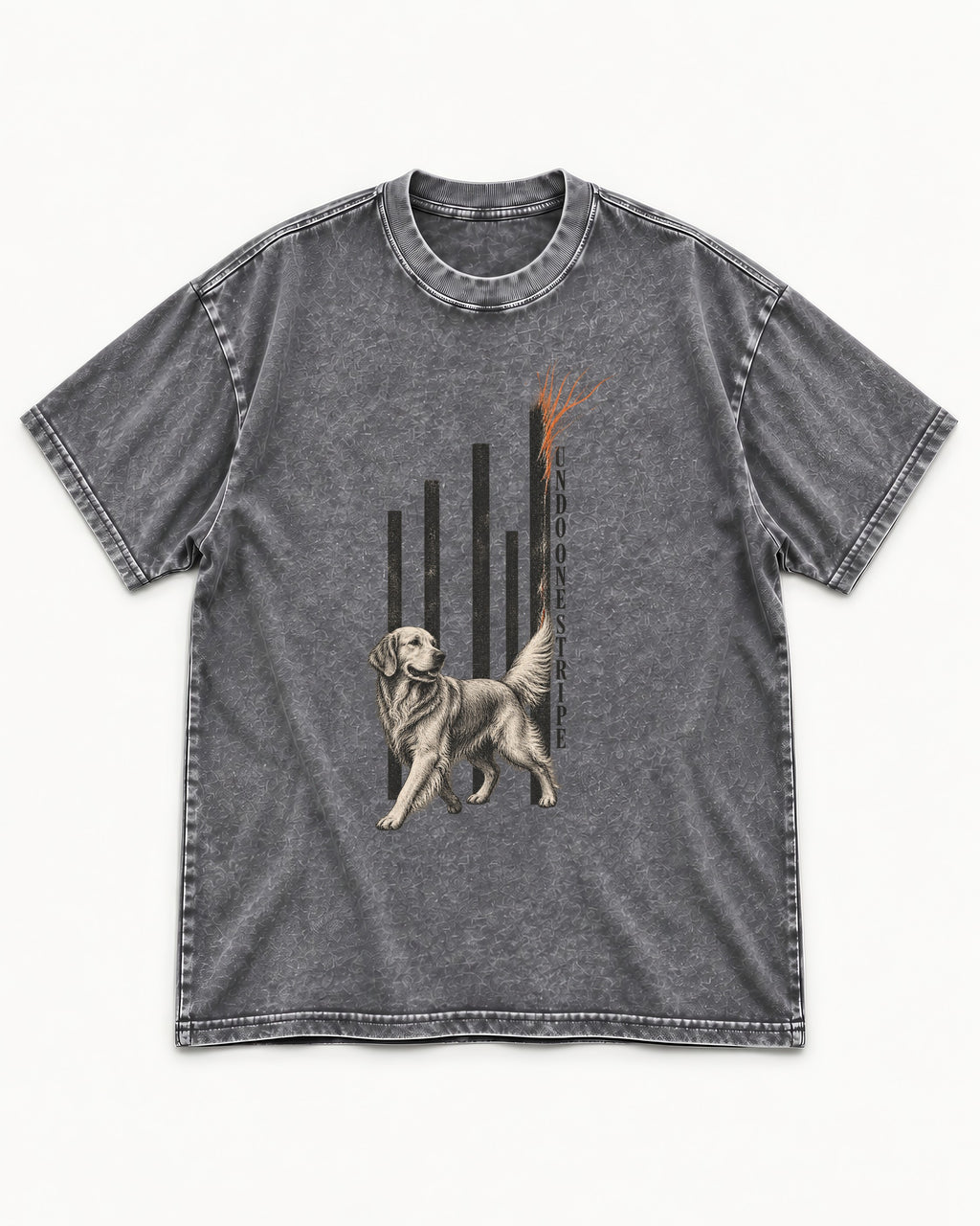 Undo One Stripe Golden Retriever Washed Tee in Gray, flat lay product photo