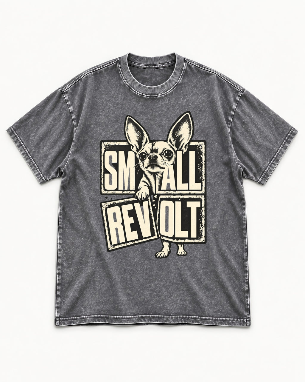Chihuahua Small Revolt Broken Grid Graphic Washed Tee in Gray, flat lay product photo