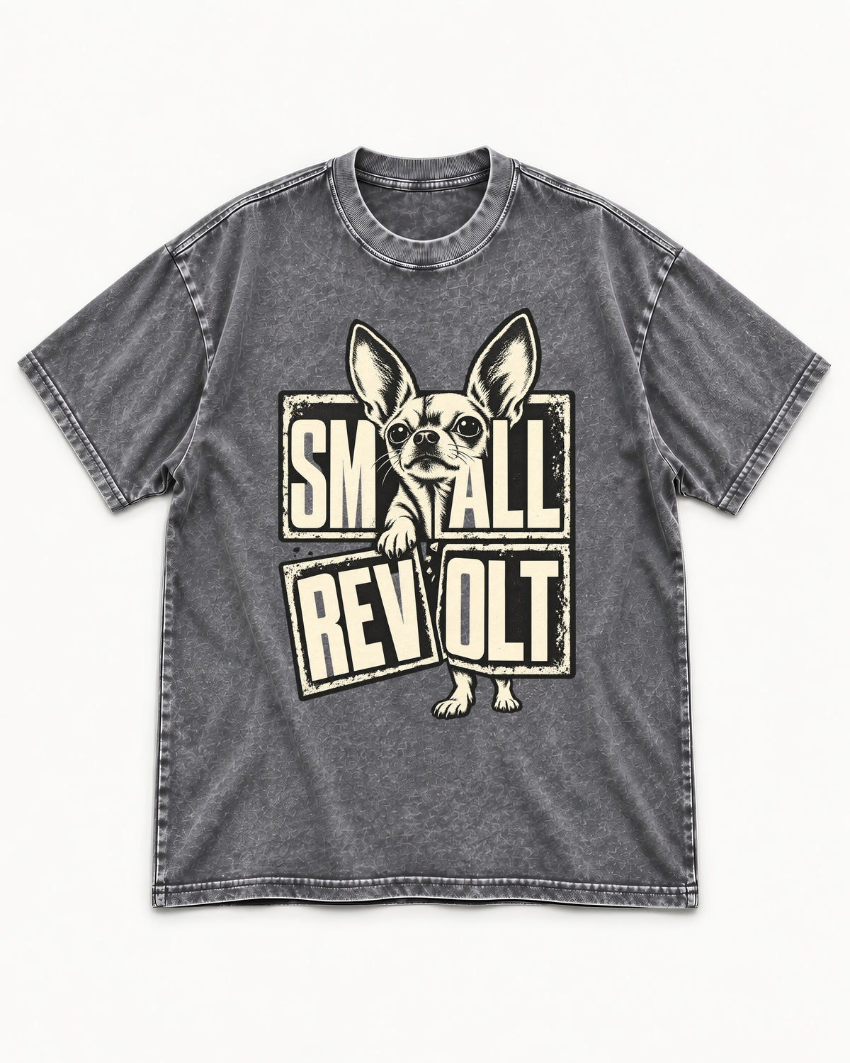 Chihuahua Small Revolt Broken Grid Graphic Washed Tee in Gray, flat lay product photo
