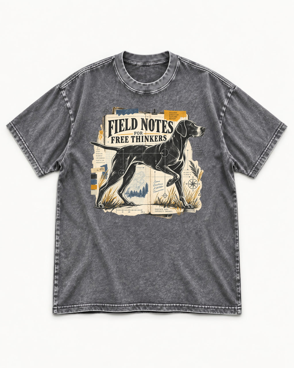 Field Notes for Free Thinkers Collage German Shorthaired Pointer Graphic Washed Tee in Gray, flat lay product photo