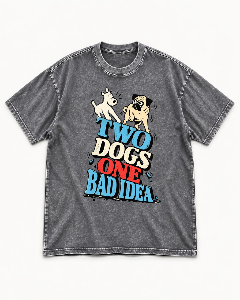 Pug Two Dogs One Bad Idea Graphic Washed Tee in Gray, flat lay product photo