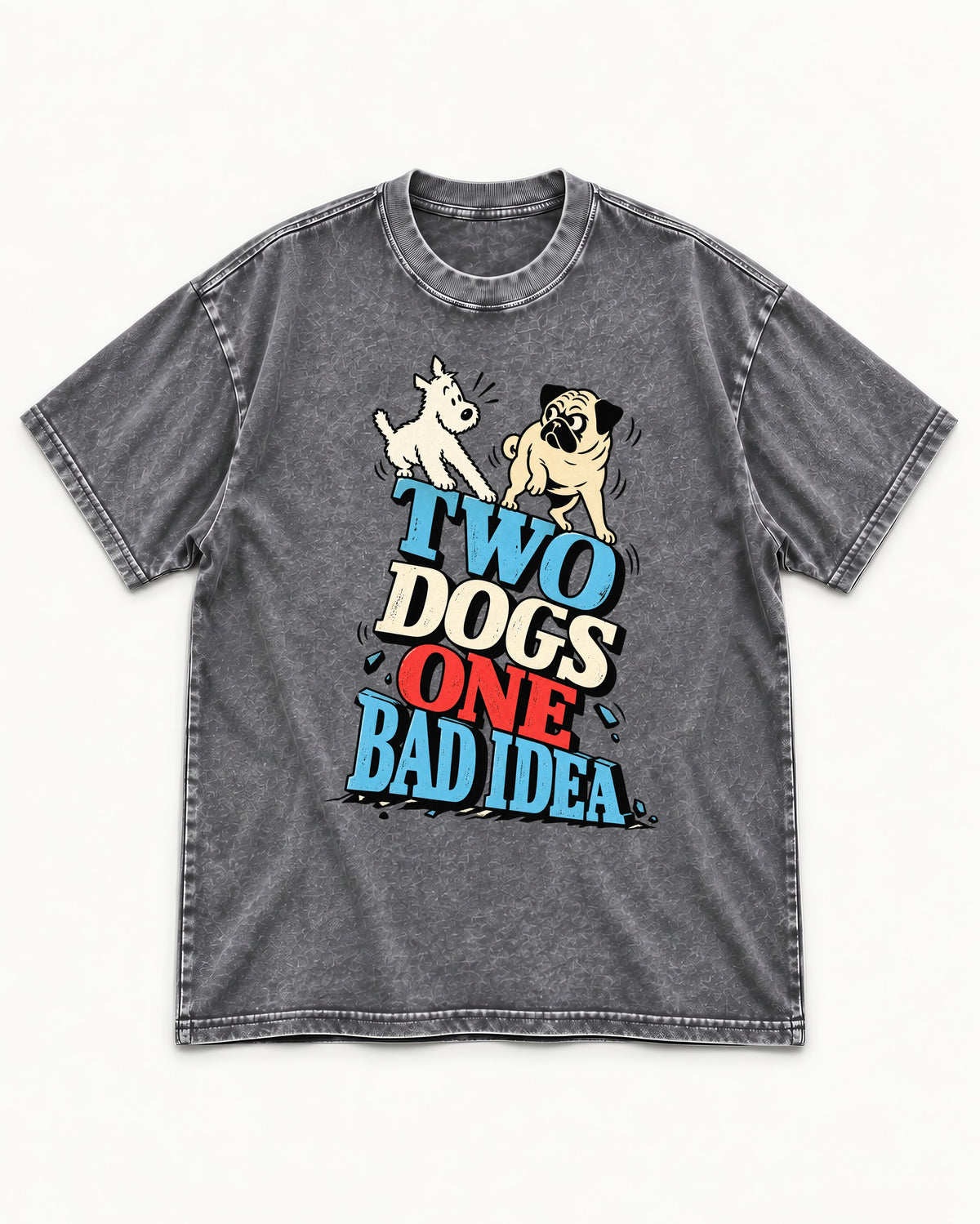 Pug Two Dogs One Bad Idea Graphic Washed Tee in Gray, flat lay product photo