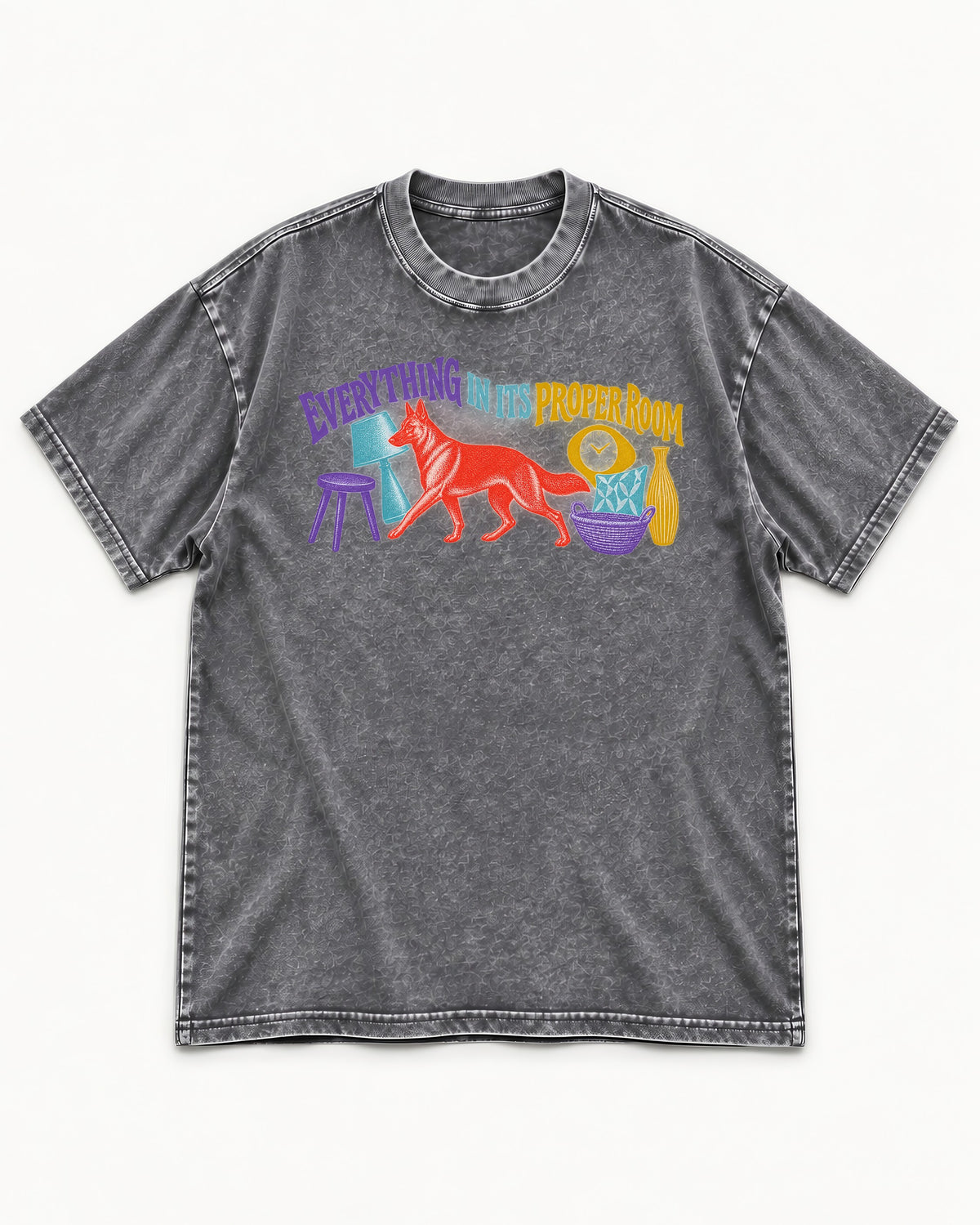 German Shepherd Dog In Its Proper Room Washed Tee in Gray, flat lay product photo