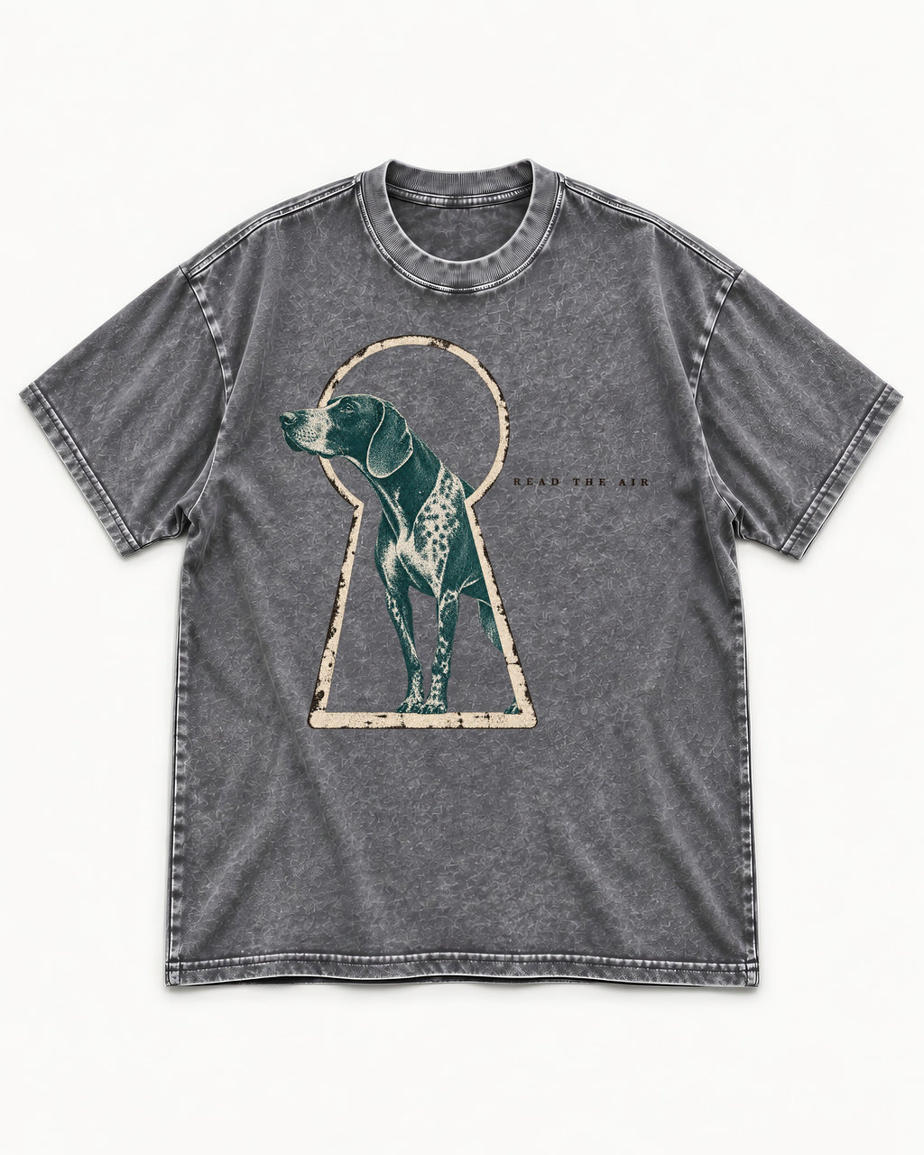 Read the Air German Shorthaired Pointer Washed Tee in Gray, flat lay product photo