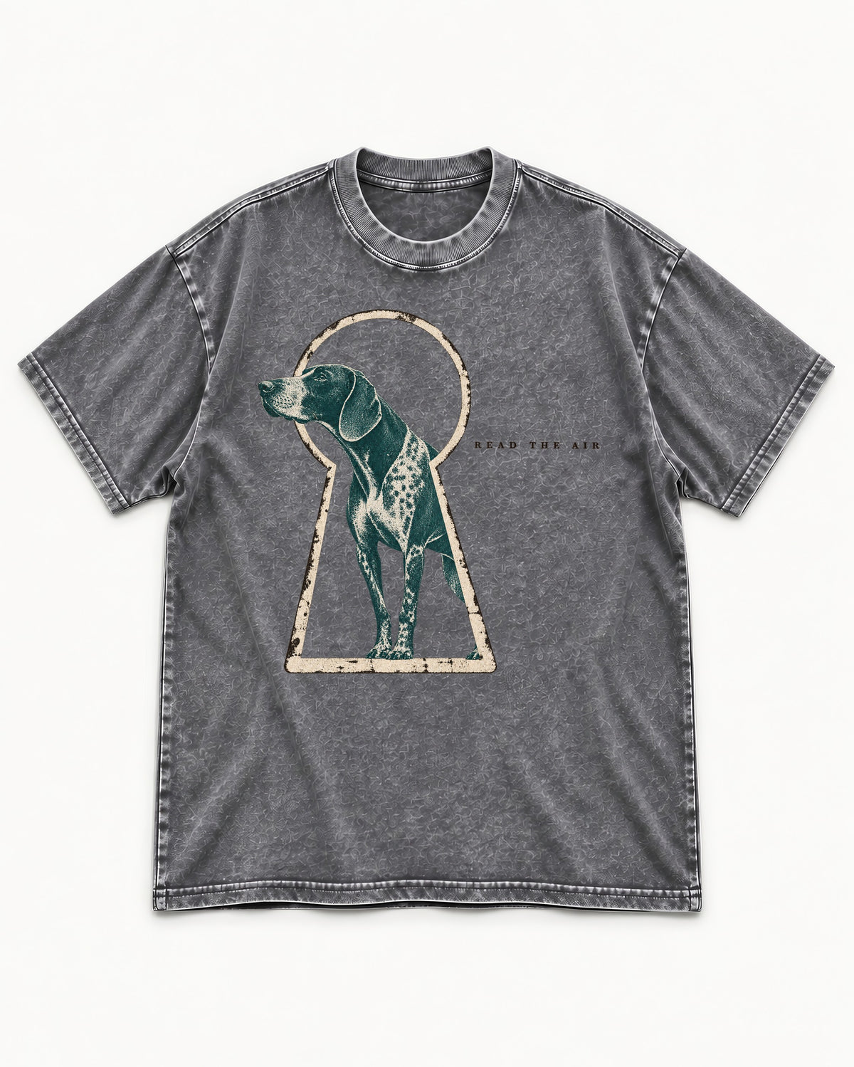Read the Air German Shorthaired Pointer Washed Tee in Gray, flat lay product photo