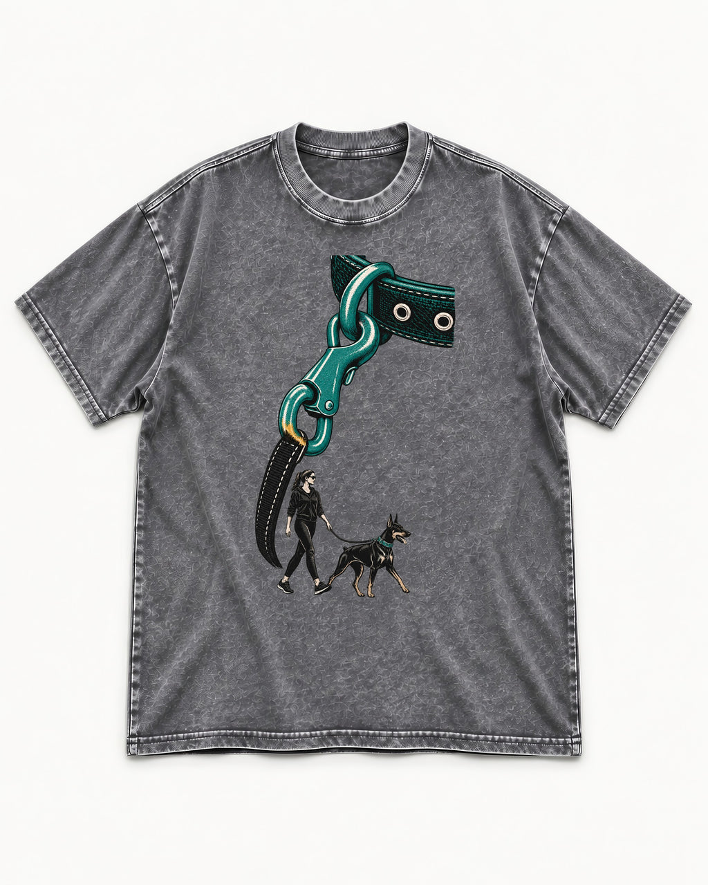 Doberman Oversized Leash Hardware Walk Graphic Washed Tee in Gray, flat lay product photo