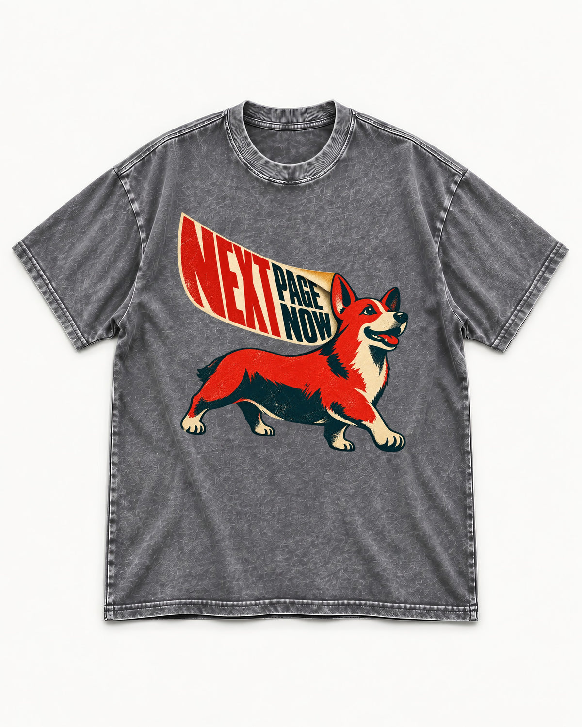 Corgi Next Page Now Pennant Graphic Washed Tee in Gray, flat lay product photo