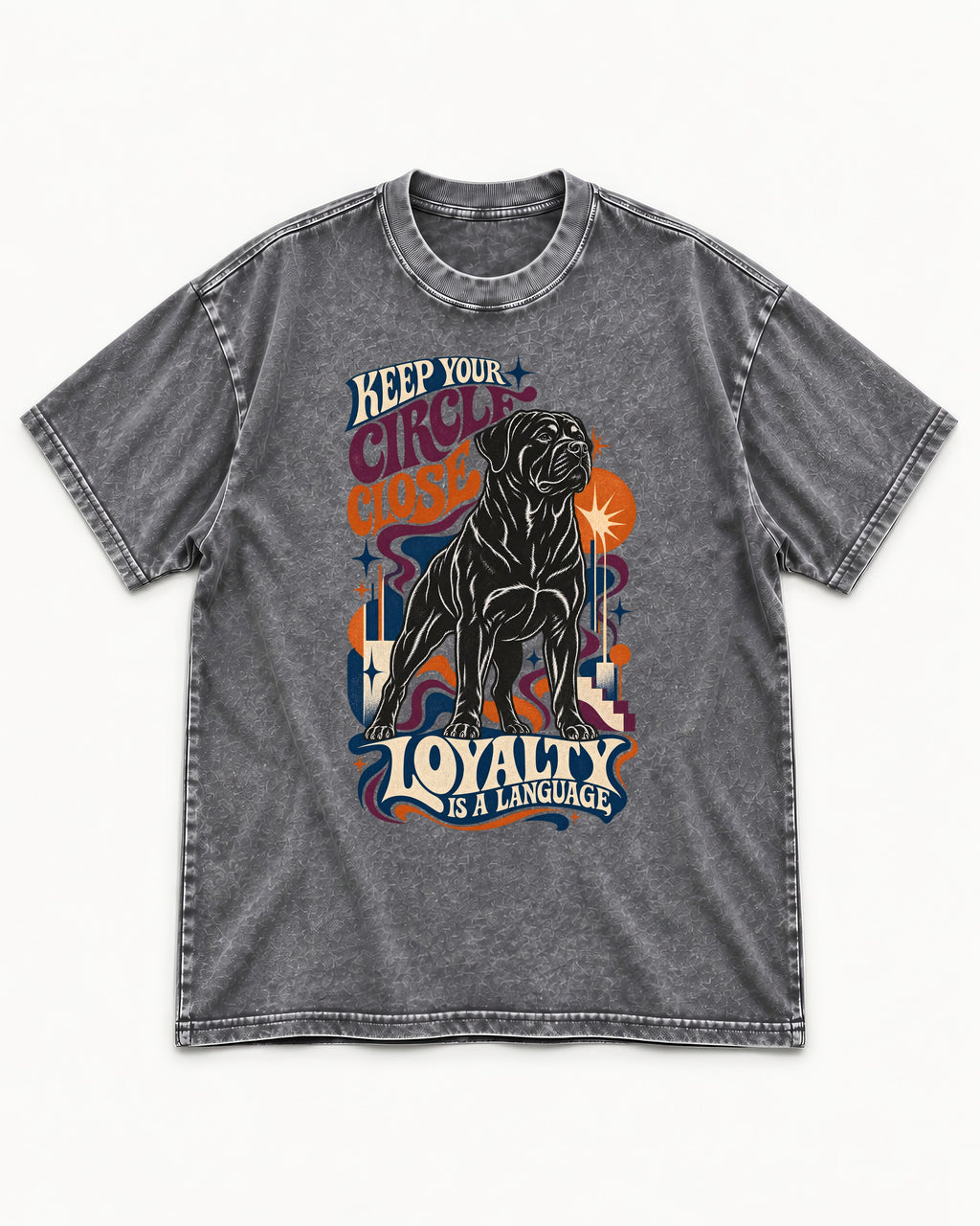 Keep Your Rottweiler Circle Close Washed Tee in Gray, flat lay product photo