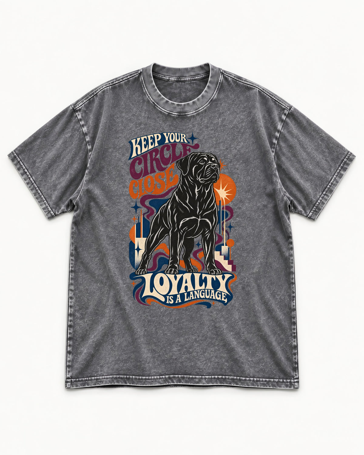 Keep Your Rottweiler Circle Close Washed Tee in Gray, flat lay product photo