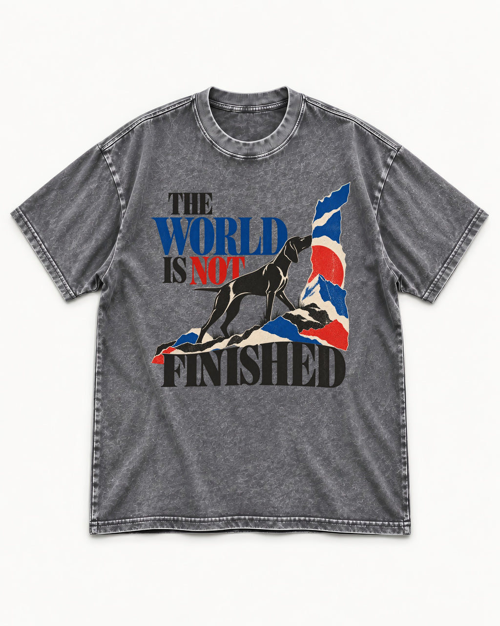 World Is Not Finished German Shorthaired Pointer Washed Tee in Gray, flat lay product photo