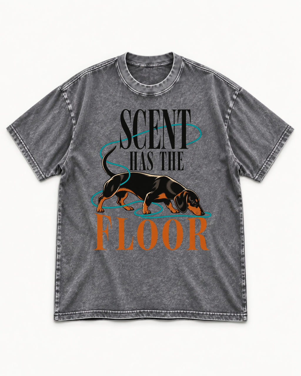 Dachshund Scent Has the Floor Washed Tee in Gray, flat lay product photo
