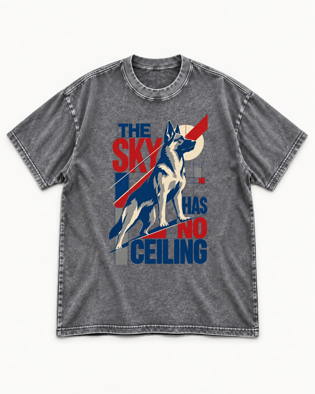 Sky Has No Ceiling German Shepherd Dog Washed Tee in Gray, flat lay product photo