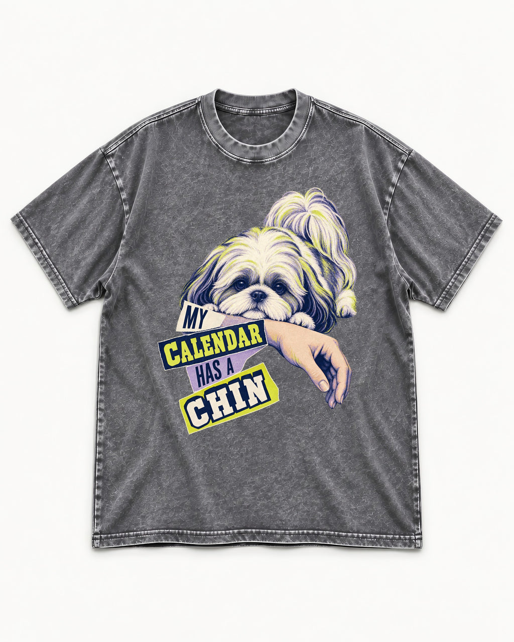 Shih Tzu My Calendar Has a Chin Arm Rest Graphic Washed Tee in Gray, flat lay product photo