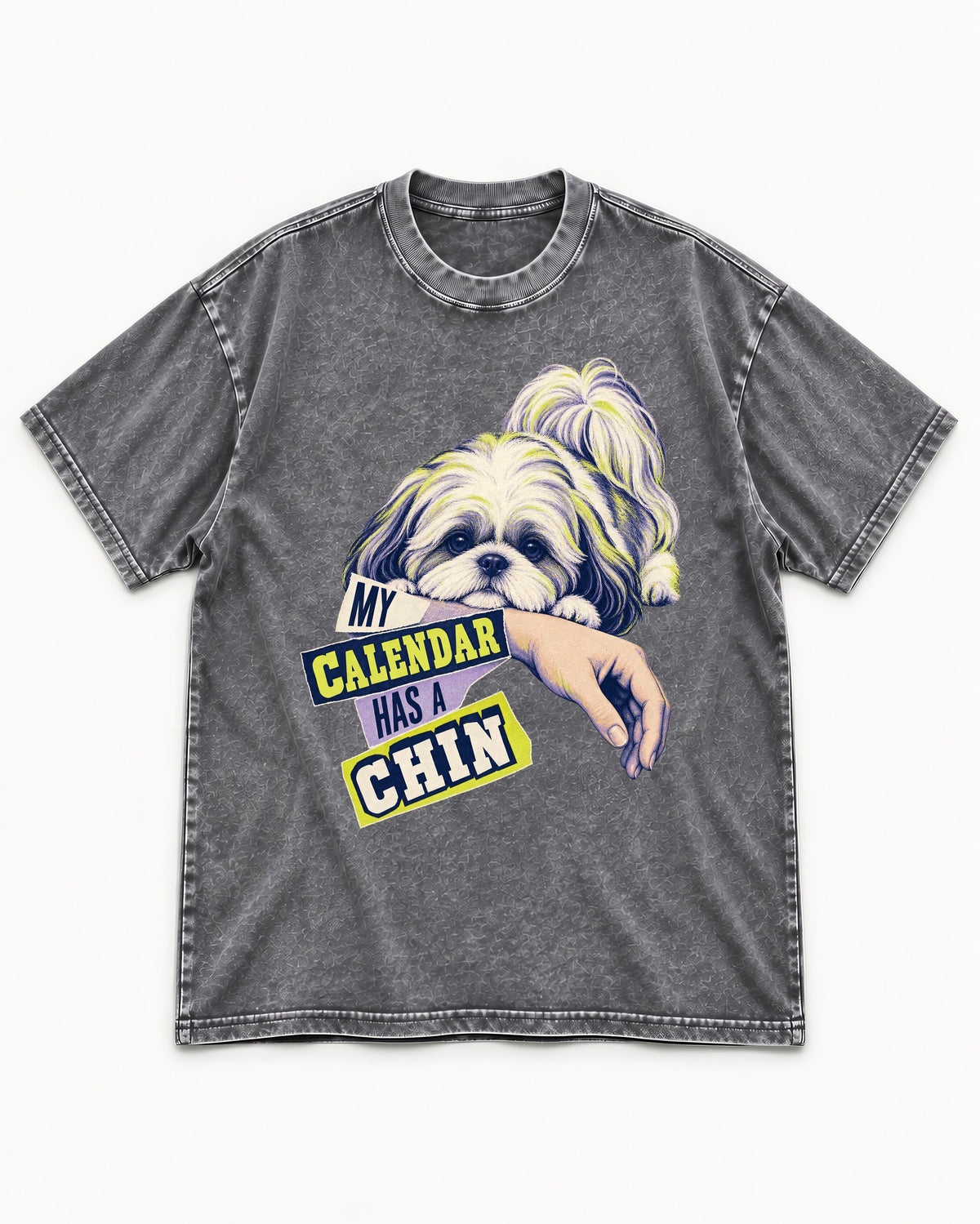 Shih Tzu My Calendar Has a Chin Arm Rest Graphic Washed Tee in Gray, flat lay product photo