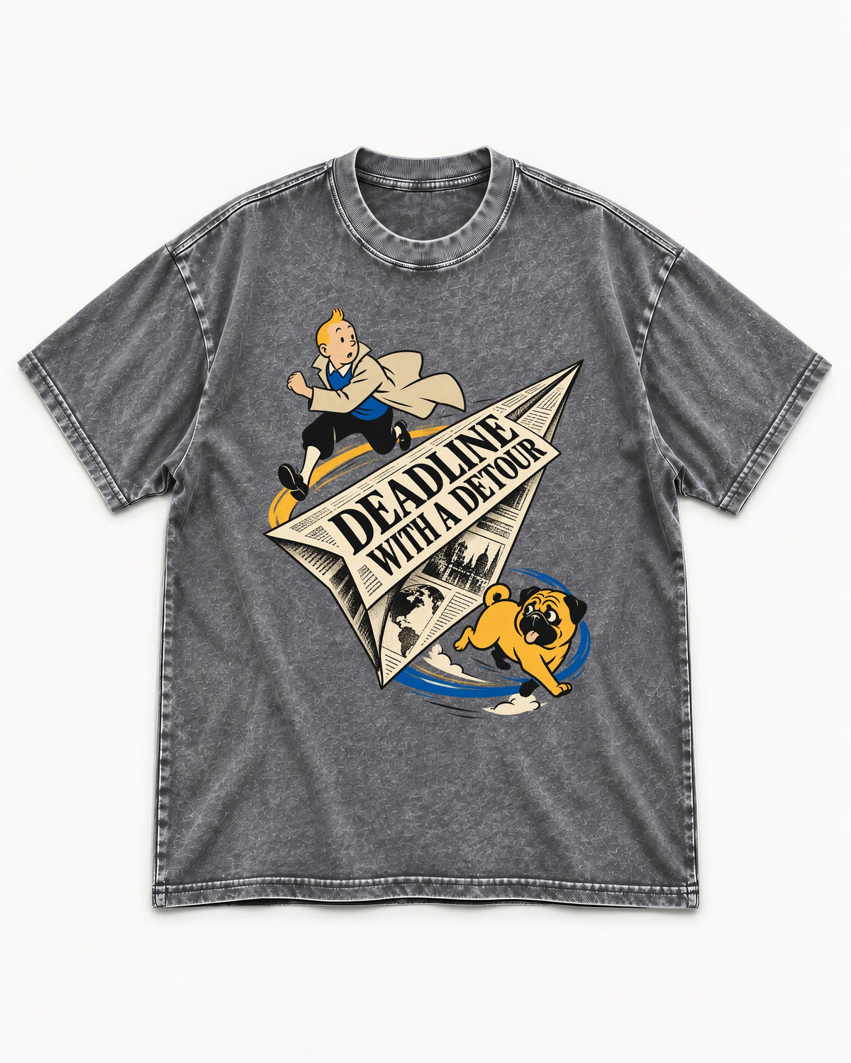 Deadline with a Pug Detour Washed Tee in Gray, flat lay product photo