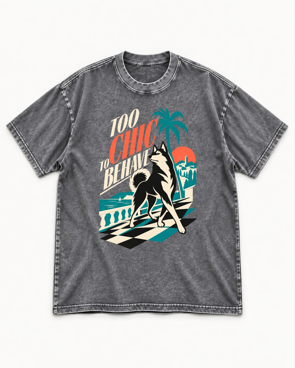 Husky Too Chic to Behave Riviera Graphic Washed Tee in Gray, flat lay product photo