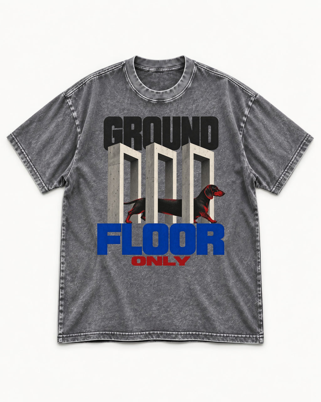 Ground Floor Only Dachshund Washed Tee in Gray, flat lay product photo