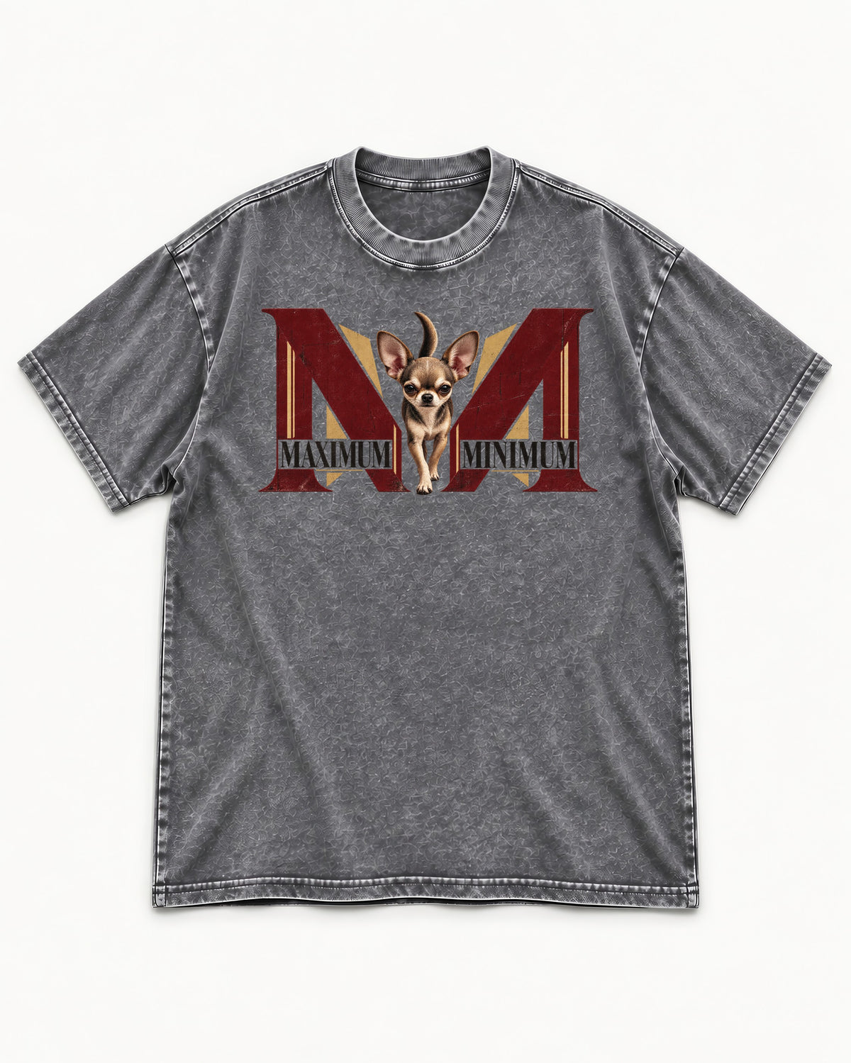 Maximum Minimum Chihuahua Washed Tee in Gray, flat lay product photo