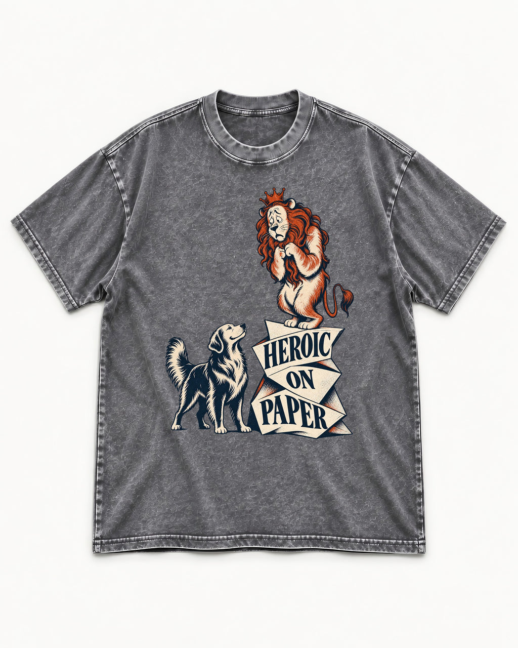 Golden Retriever Heroic on Paper Lion Graphic Washed Tee in Gray, flat lay product photo
