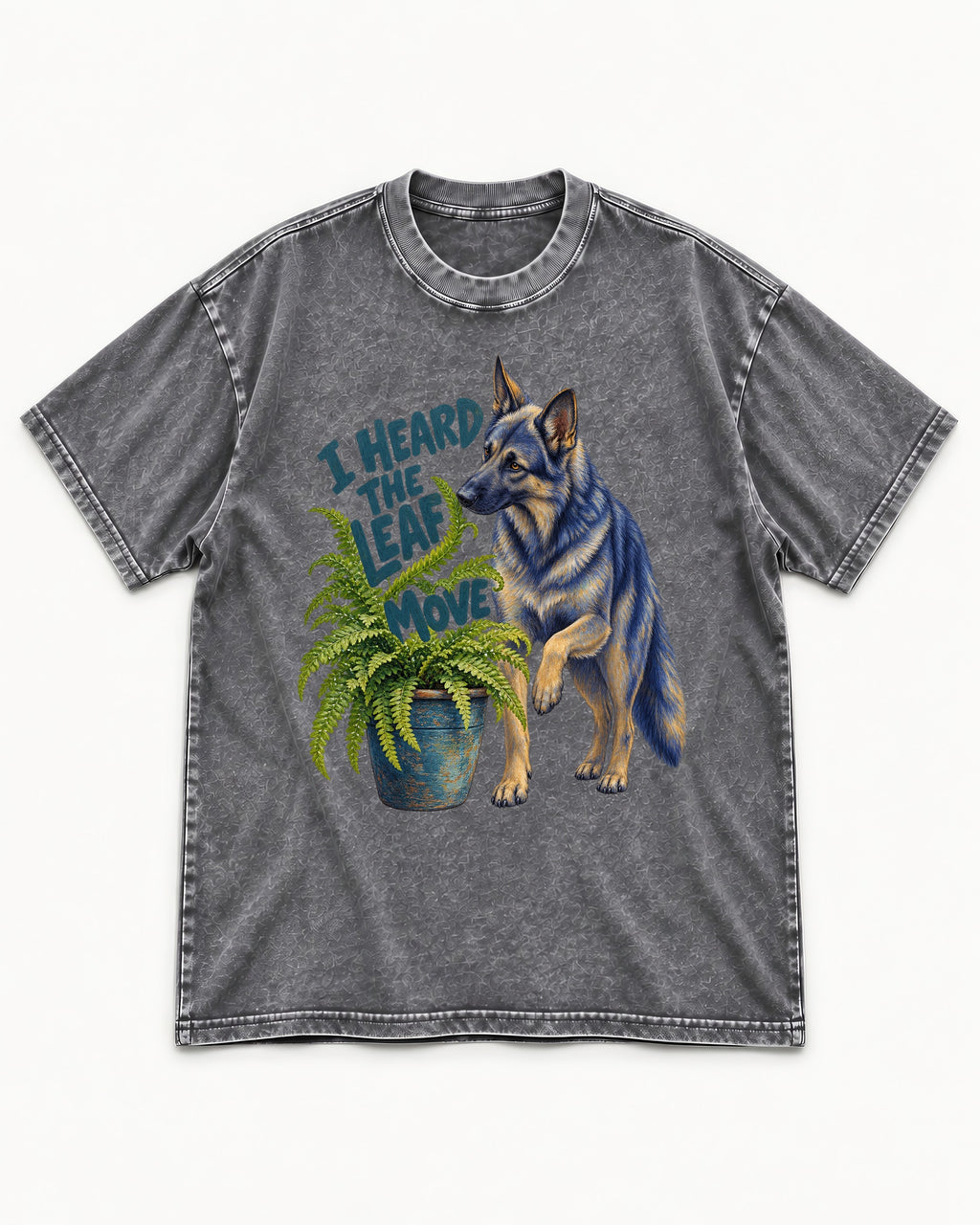 German Shepherd Dog Heard the Leaf Move Washed Tee in Gray, flat lay product photo