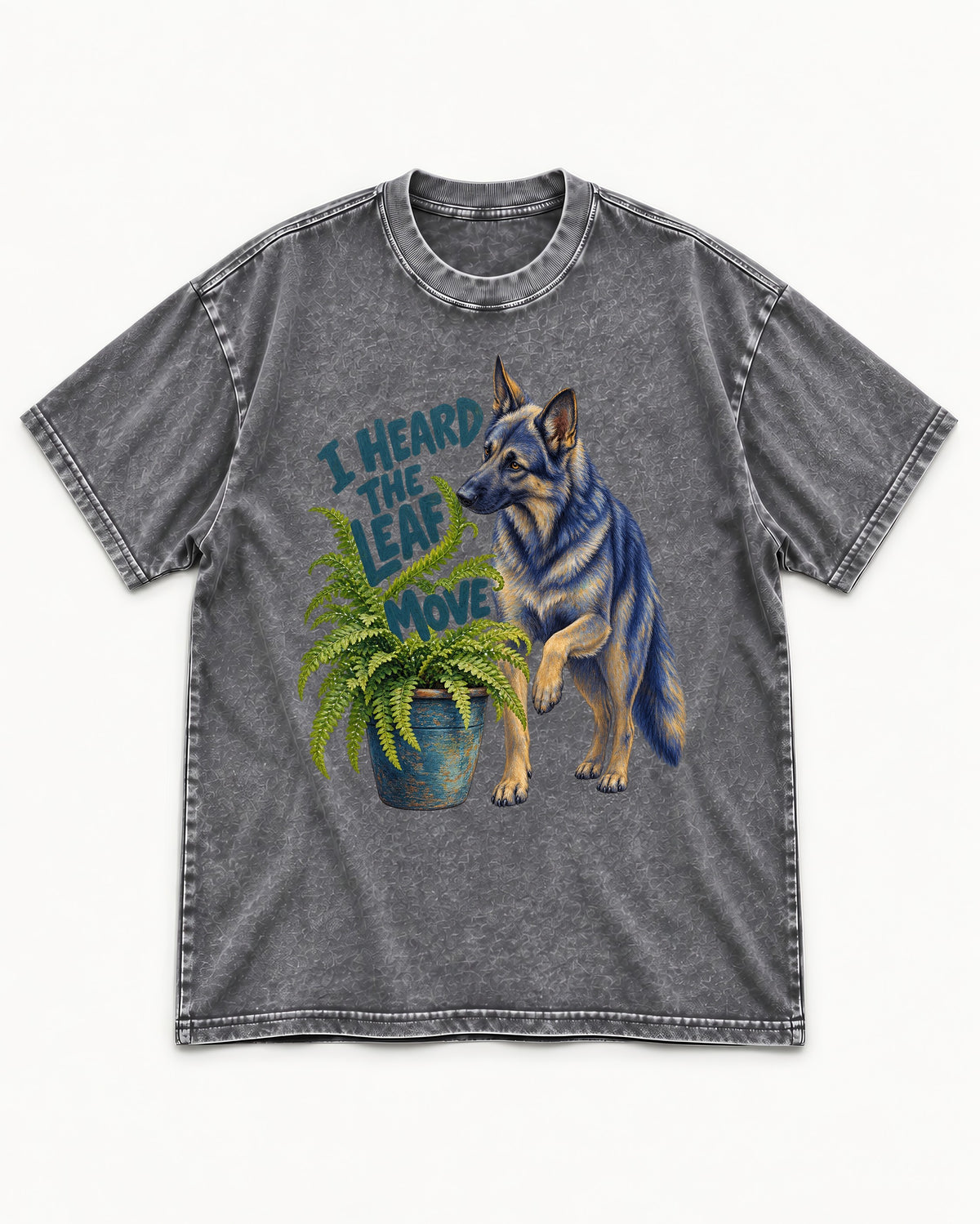 German Shepherd Dog Heard the Leaf Move Washed Tee in Gray, flat lay product photo