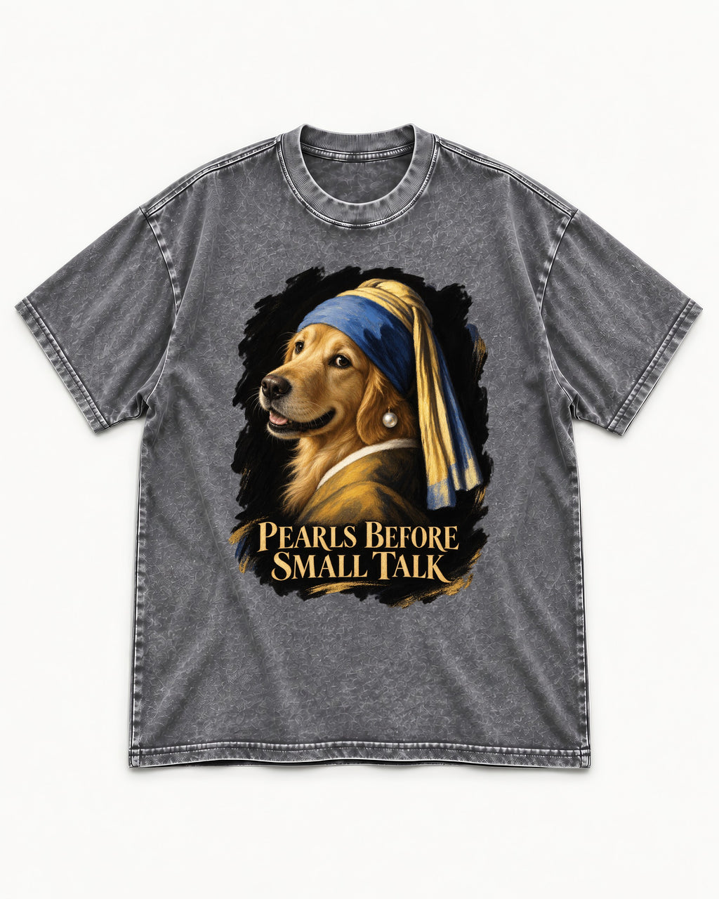 Pearls Before Small Talk Pearl Portrait Golden Retriever Graphic Washed Tee in Gray, flat lay product photo