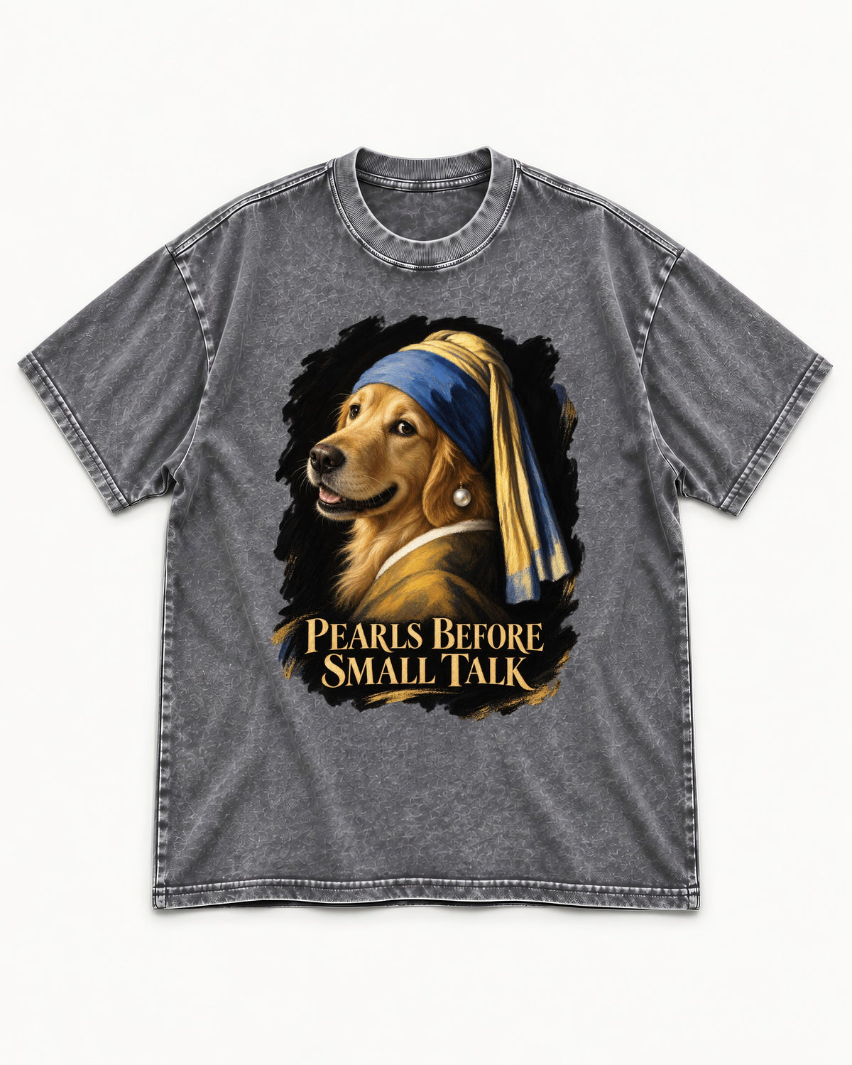 Pearls Before Small Talk Pearl Portrait Golden Retriever Graphic Washed Tee in Gray, flat lay product photo