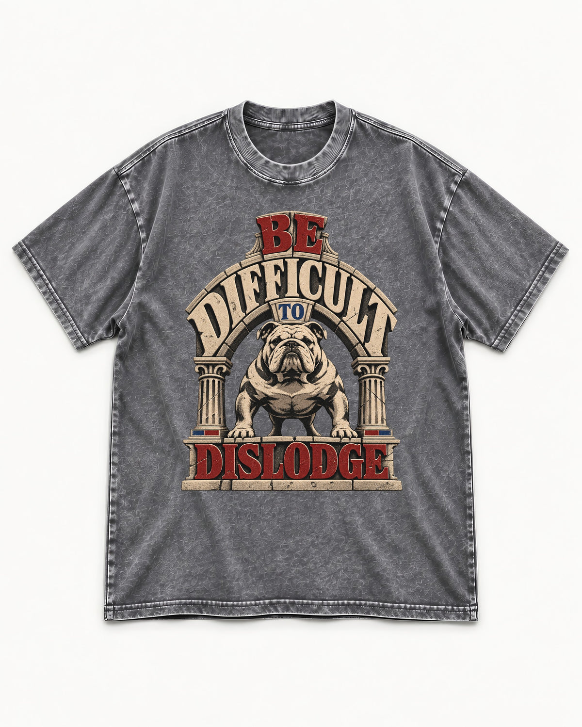English Bulldog Be Difficult to Dislodge Stone Arch Graphic Washed Tee in Gray, flat lay product photo