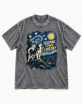 Husky Sleeping Town Loud Sky Starry Night Graphic Washed Tee in Gray, flat lay product photo