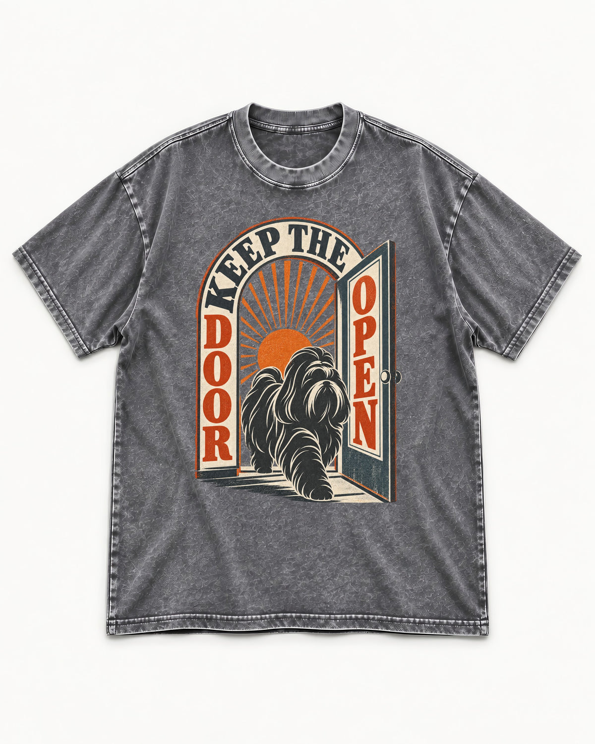 Shih Tzu Keep the Door Open Retro Doorway Graphic Washed Tee in Gray, flat lay product photo