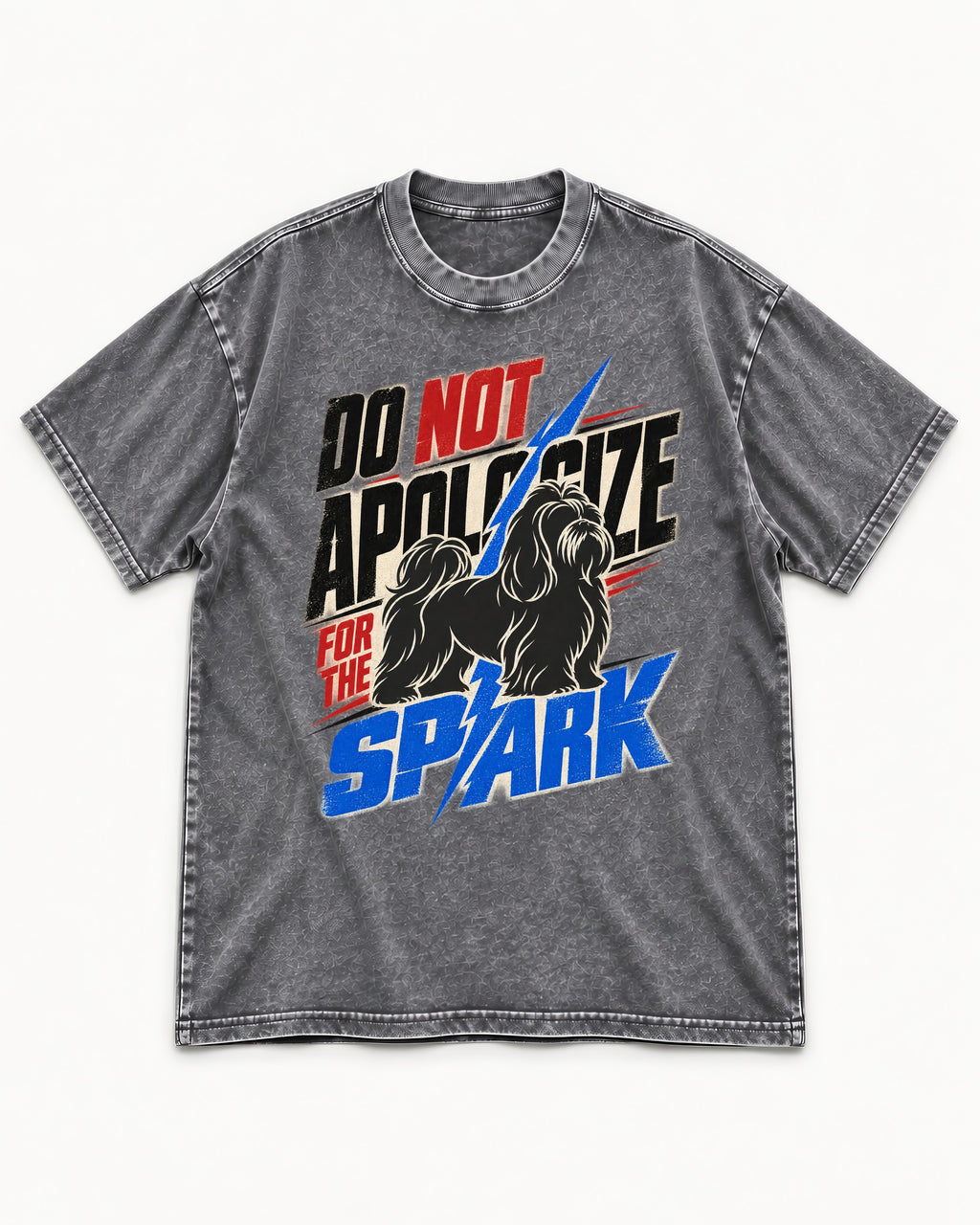 Never Apologize for Shih Tzu Spark Washed Tee in Gray, flat lay product photo