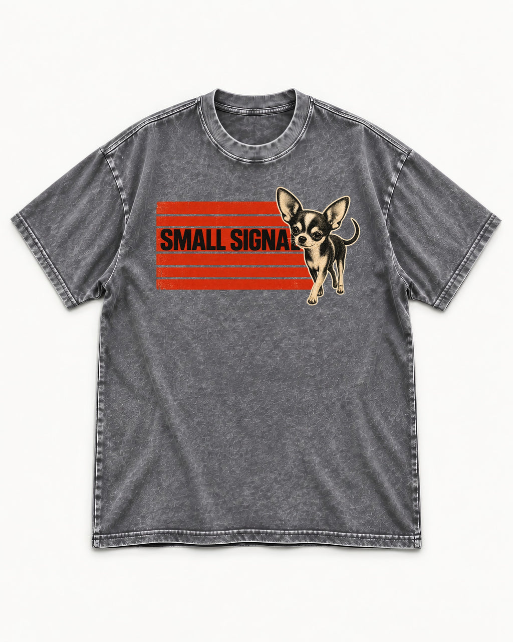 Small Signal Chihuahua Washed Tee in Gray, flat lay product photo