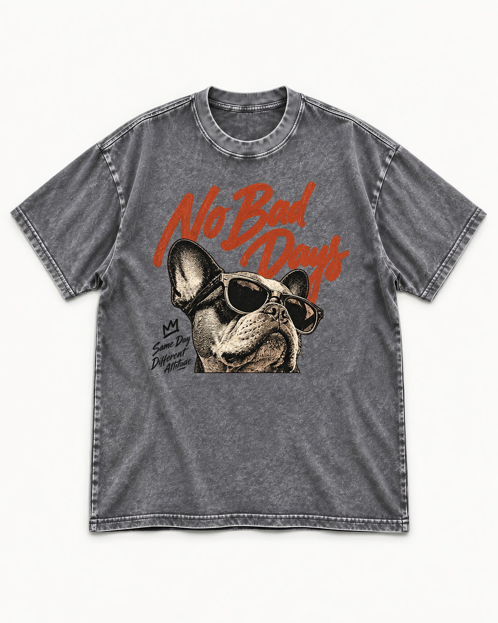 Frenchie No Bad Days Washed Tee in Gray, flat lay product photo