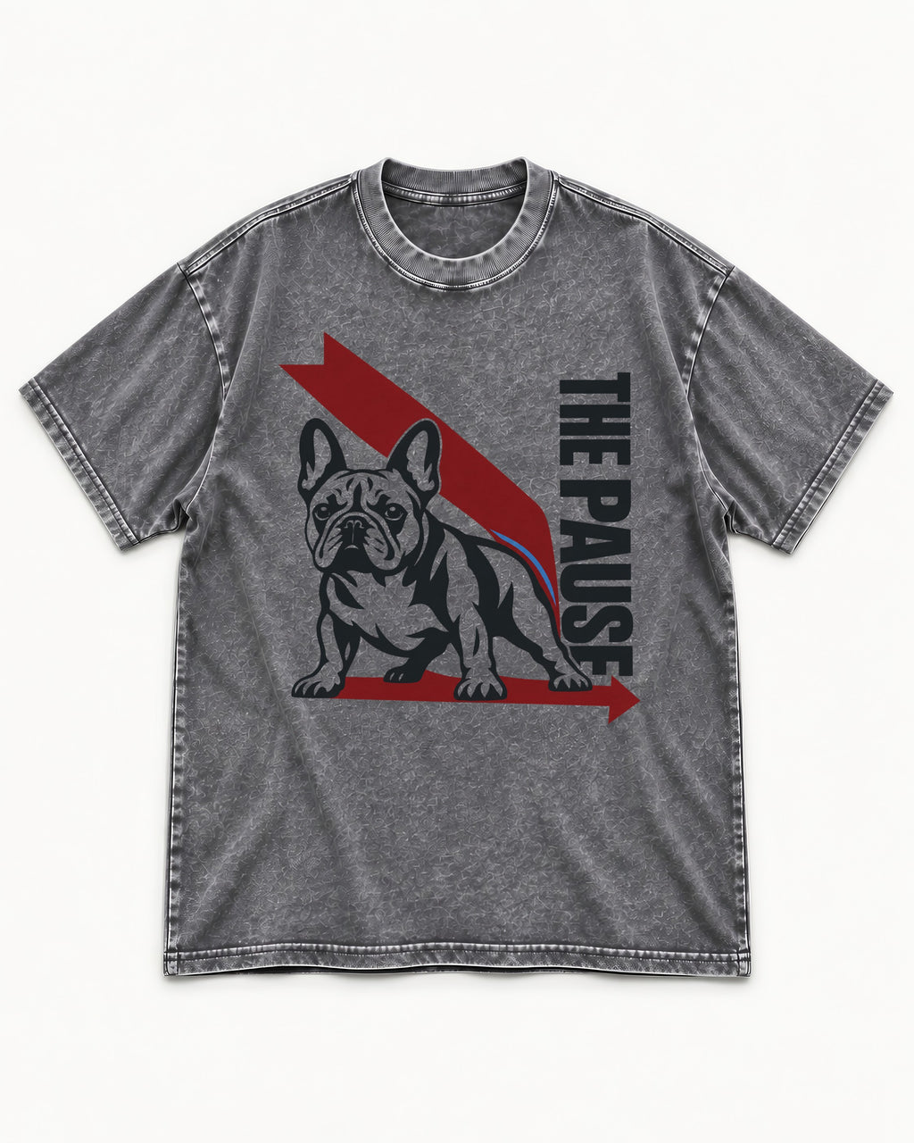 The Frenchie Pause Washed Tee in Gray, flat lay product photo