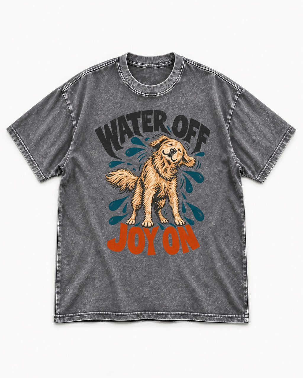 Water Off Joy on Golden Retriever Washed Tee in Gray, flat lay product photo