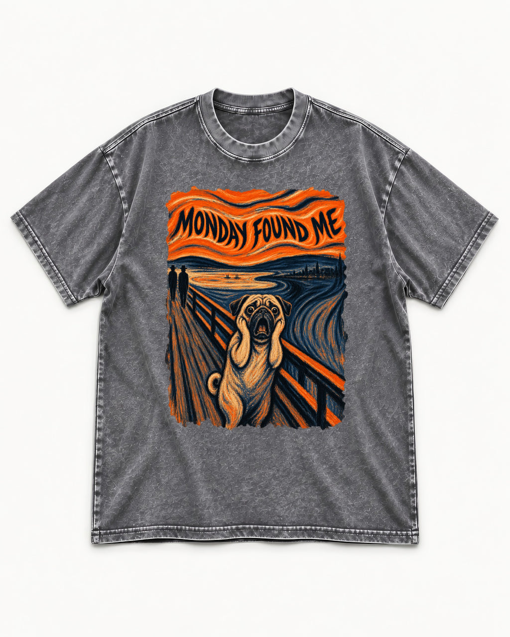 Pug Monday Found Me Scream Parody Graphic Washed Tee in Gray, flat lay product photo