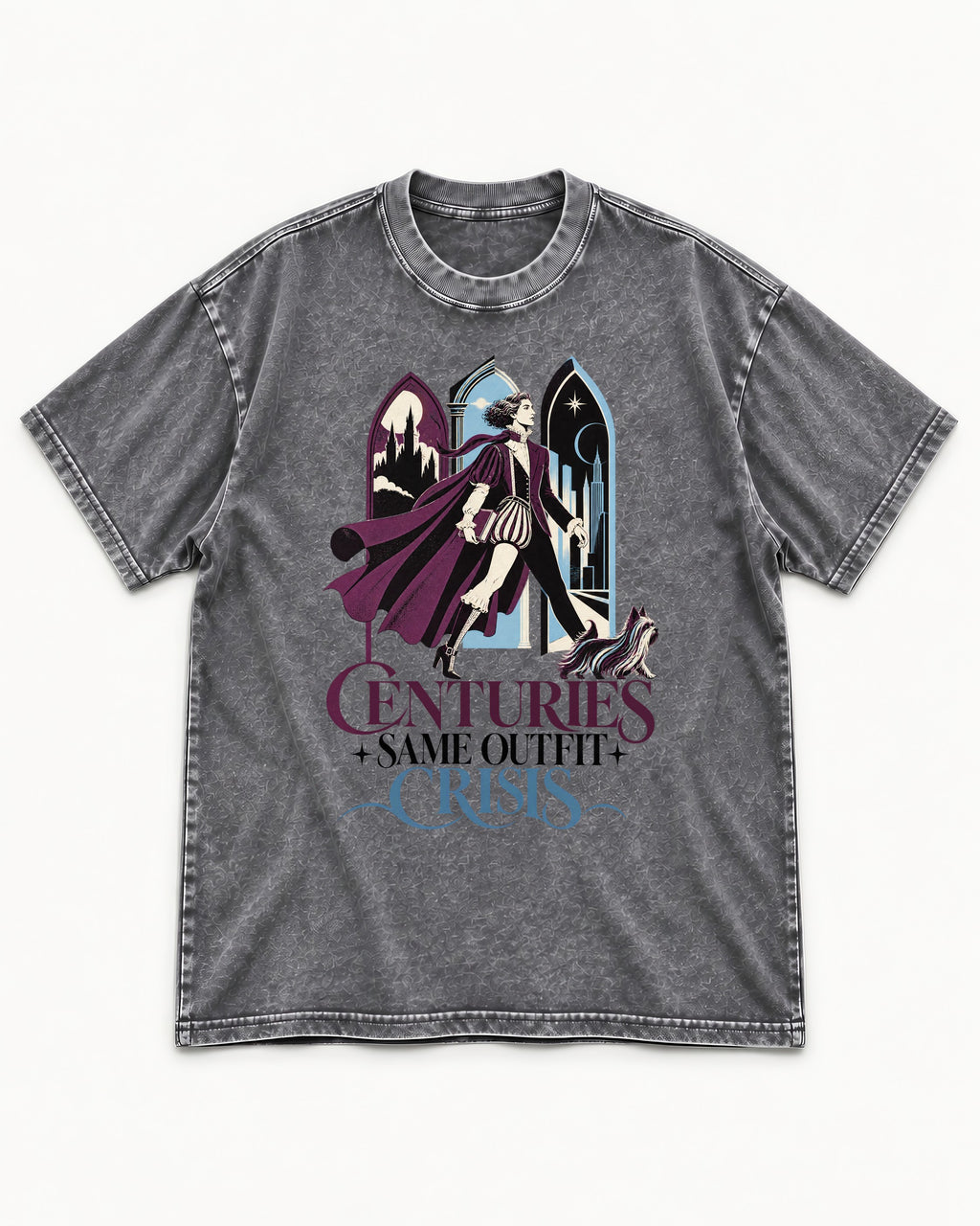 Yorkshire Terrier Centuries Same Outfit Crisis Gothic Graphic Washed Tee in Gray, flat lay product photo