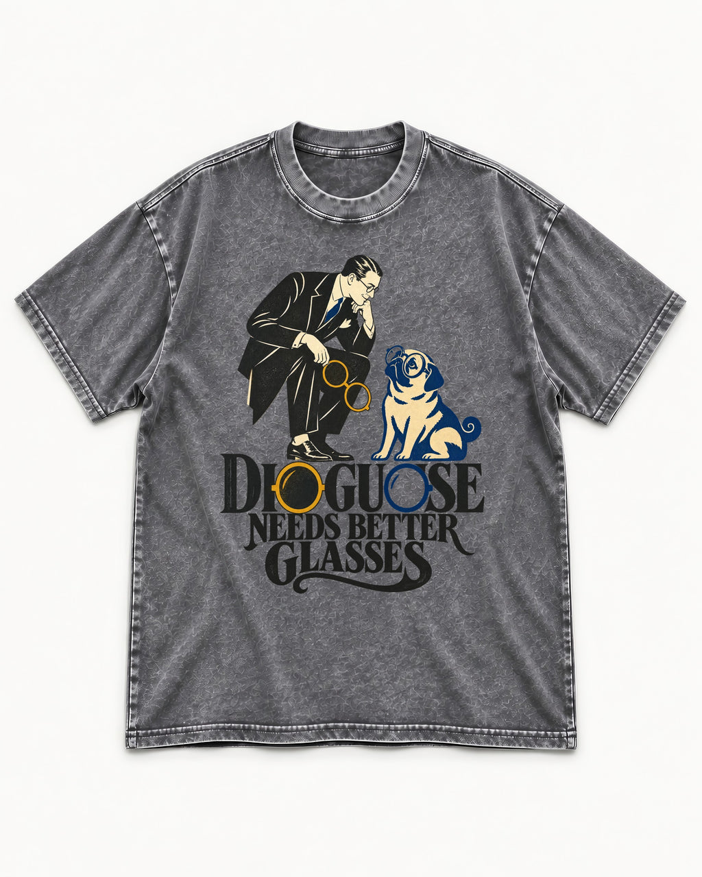 Pug Needs Better Glasses Washed Tee in Gray, flat lay product photo